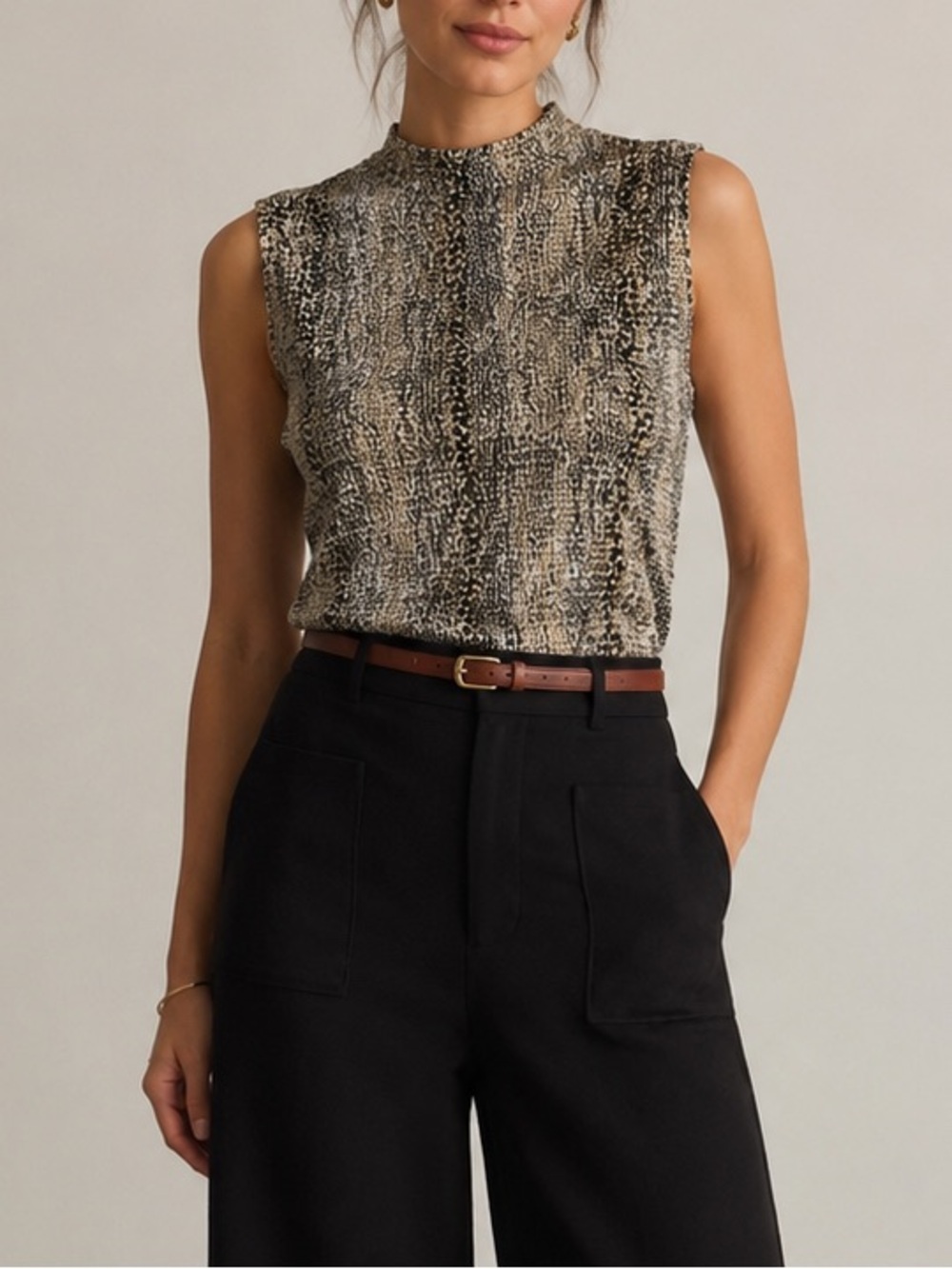 Komarov Metallic Crinkle Pleated Animal Print Mock Neck Sleeveless Tank SZ 3 MED